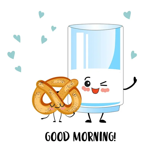God morgon. Gratulationskort med söta tecknade figurer. Croissant eller pritzel och ett glas mjölk. Frukost för barn. Hälsosam mat. — Stock vektor