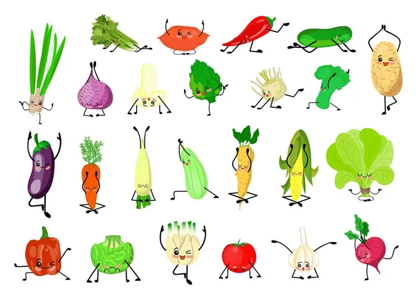 Niedliche Kawaii-Figuren. eine große Menge Gemüse. Yoga und Sport. Gesunder Lebensstil. Gemüseaufkleber. — Stockvektor