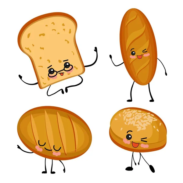 Personajes kawaii lindo, productos de panadería. Baguette, pan, pan con brazos y piernas vector . — Vector de stock