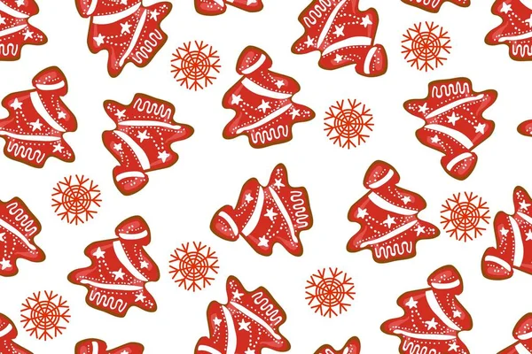 Weihnachtliches nahtloses Muster mit Kawaii, Texturen für Lebkuchen-Weihnachtsbäume, mit Zuckerguss für Textilien, Sammelalbum, Geschenkpapier, Dekorationsvektor für das neue Jahr. — Stockvektor