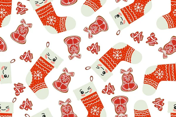 Weihnachten nahtlose Muster mit kawaii süße Weihnachtssocke. Cartoonfigur, Textur für Textilien, Sammelalbum, Geschenkpapier, Vektor für Neujahrsdekoration. — Stockvektor