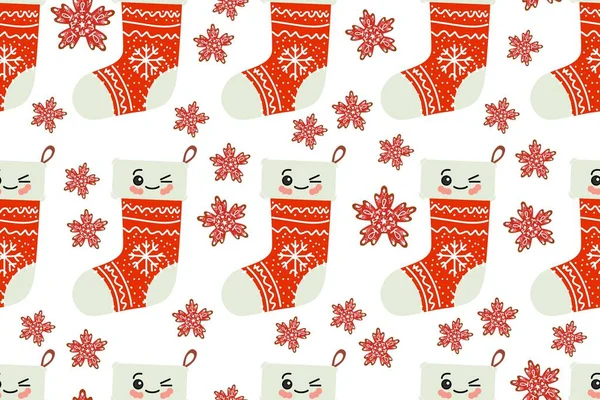 Modèle sans couture de Noël avec chaussette de Noël mignon kawaii. personnage de dessin animé, texture pour textile, album, papier d'emballage, vecteur de décoration nouvelle année . — Image vectorielle
