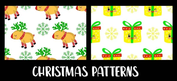 Kerstmis naadloos patroon met kawaii schattige rendieren, geschenkdoos versierd met lint. stripfiguur, textuur voor textiel, plakboek, pakpapier, nieuwjaarsdecoratie vector. — Stockvector