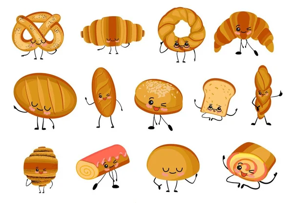 Gran conjunto de ilustraciones aisladas sobre un fondo blanco. El pan es diferente. Baguette, pan, bollos de sándwich, magdalenas y panecillos. Productos de pan de trigo y centeno. Lindos personajes .. — Vector de stock