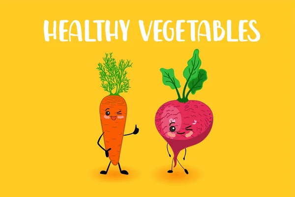 Милі овочі для дітей. Вегетаріанство. Морква та редька. ЧАРКТЕР СМІНЬОГО СНІДу .. — стоковий вектор