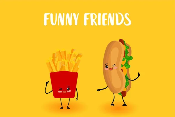 Hot Dog e batatas fritas. CARACTERÍSTICAS COM PEQUENAS .. — Vetor de Stock