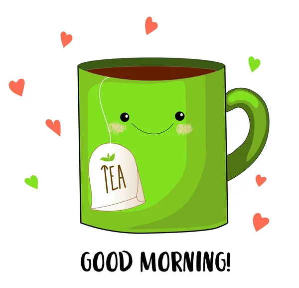 สวัสดีตอนเช้า ตัวละครน่ารัก ถ้วยที่มีถุงชา สวัสดีตอนเช้า . — ภาพเวกเตอร์สต็อก