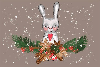 Noel tavşanlı tebrik kartı. Kül rengi. Firavun dalları ve tatil süslemeleri. Çocuk stili..