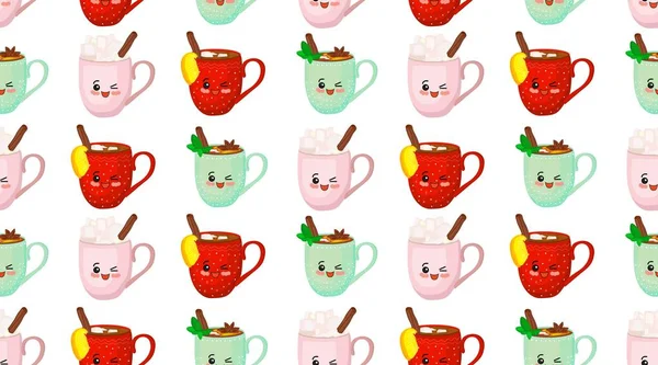 Wesołych Świąt Cute wzory z filiżanek kawaii. Gorący drink. Postacie noworoczne.. — Wektor stockowy