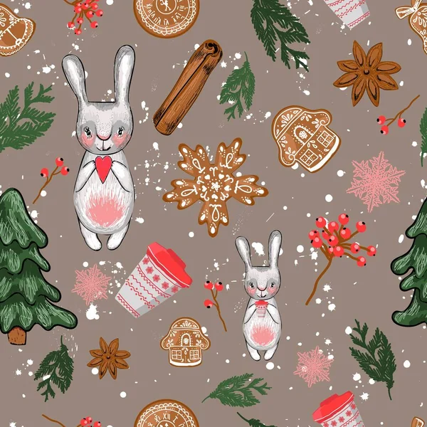 Kusursuz Noel şablonu. Noel tavşanı. Firavun dalları ve tatil süslemeleri. Çocuk tarzı. Kar arkaplanı. — Stok Vektör