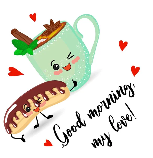 Kawaii cups.characters mit Schokolade und Marshmallows. Grußkarte. Guten Morgen. — Stockvektor