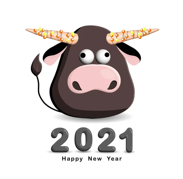 Boğa beyaz arka planda izole edilmiş. 2021 yıllık boğa. Buffalo, inek. Yeni yıl kartı. Garland şenliktir. Boynuzlu komik bir karakter. Mutlu yıllar.