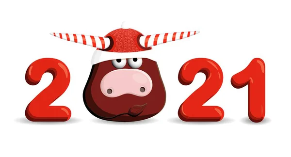 2021 yıllık boğa. Beyaz bir arka planda izole edilmiş komik bir boğa. Buffalo, inek. Yeni yıl kartı için şablon. Takvimler, afişler, posterler için Yeni Yıl yazıtları.