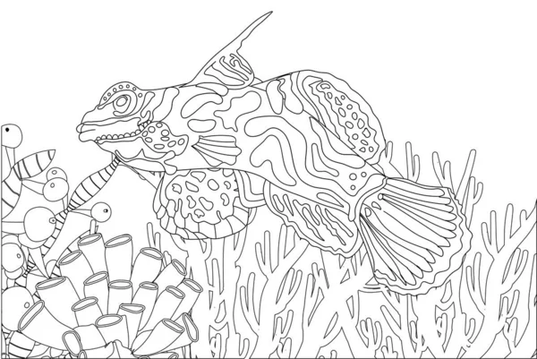 Fish Exotic Coloring Antistress Coloring Page Sea Creatures Ocean Fish — Stock Vector