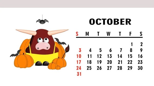 Lindo Calendario Infantil 2021 Año Del Toro Divertido Personaje Toro — Vector de stock