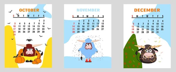 Taureau Calendrier Taureau Blanc Planificateur Pour 2021 Avec Dessin Animé — Image vectorielle