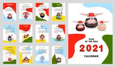 Bull, white bull calendar or A4 planner for 2021 with cartoon kawaii, bull or cow, New Year symbol, cute hieroglyphs - cover and 12 monthly pages. Week starts on Sunday, vector printable template. vector