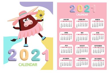 Bull, white bull calendar or A4 planner for 2021 with cartoon kawaii, bull or cow, New Year symbol ox vector