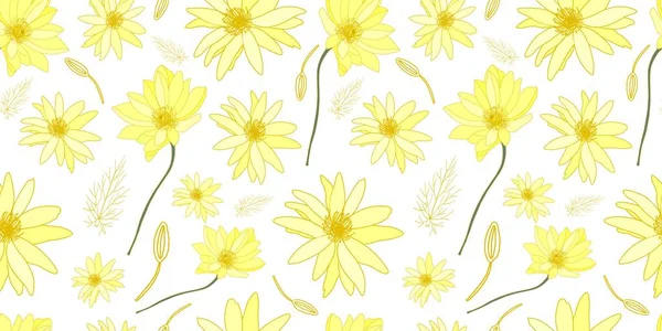 Yellow flowers on a white background pattern. Field summer flowers. Beautiful delicate pattern on the fabric.