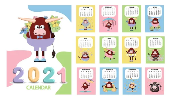 2021 yılı için boğa, beyaz boğa takvimi ya da çizgi film kawaii, boğa ya da inek, Yeni Yıl sembolü öküz kapağı ve 12 aylık sayfa ile A4 planlayıcısı. Hafta Pazar günü başlıyor, vektör yazdırılabilir şablon.