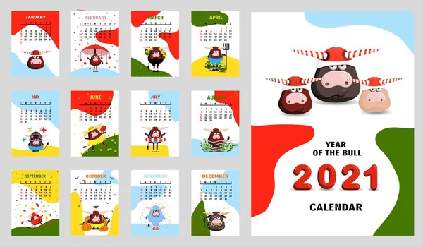 bull, white bull calendar or A4 planner for 2021 with cartoon kawaii, bull or cow, New Year symbol, cute hieroglyphs - cover and 12 monthly pages. Week starts on Sunday, vector printable template.