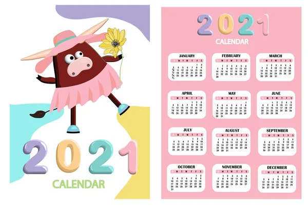 Boğa, beyaz boğa takvimi ya da 2021 için çizgi film kawaii, boğa ya da inek, Yeni Yıl sembolü öküz ile A4 planlayıcısı
