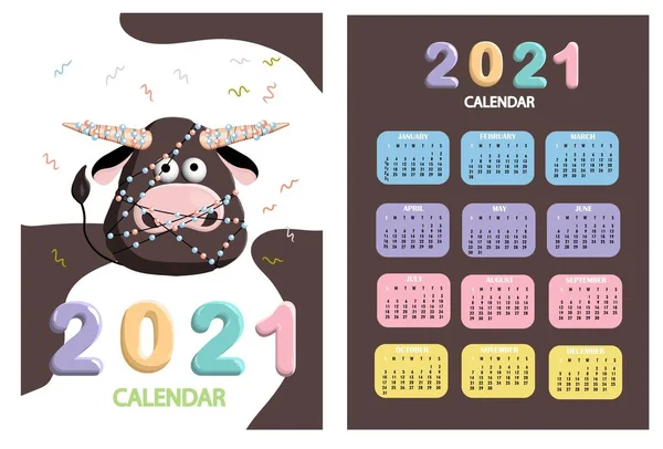Byk Kalendarz Byka Białego Lub Planista 2021 Rok Kreskówkami Kawaii — Wektor stockowy