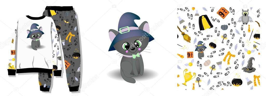 ready-made set for fashion design. Set pattern and illustration. School of magic, potter, wizarding world. Black cat and a talking hat. Pajamas design.