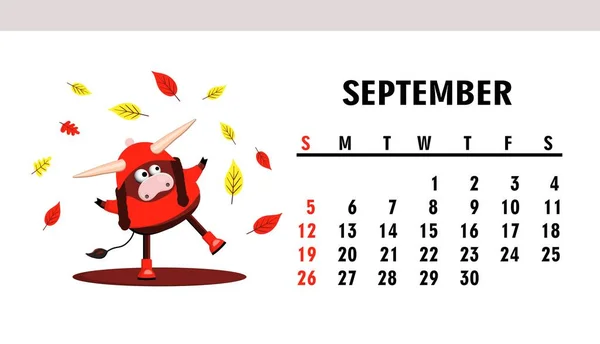 Septiembre 2021 Calendario Horizontal Con Toros Bueyes Carácter Buey — Archivo Imágenes Vectoriales