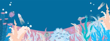 Deniz yosunları çizimi. Çiçekli yaz geçmişi. Yaz afişi yatay tasarımı.