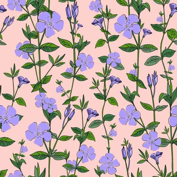 Flores Azules Sobre Fondo Rosa Periwinkle Patrón Verano Sin Costuras — Vector de stock