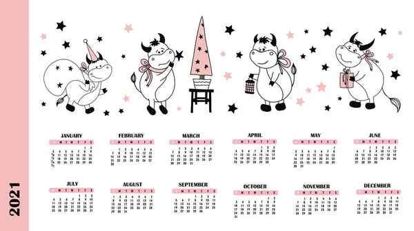 Avril Mai Juin Pages Calendrier Pour 2021 Année Bœuf Veau — Image vectorielle