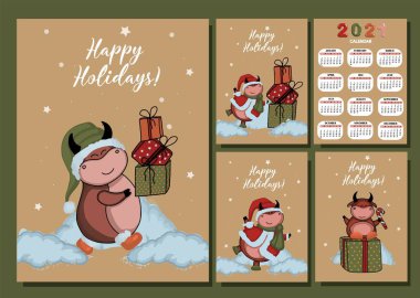 Christmas kraft paper card, hand drawn style. Vector illustration of the year of the bull 2021. Happy holidays. calendar 2021 clipart