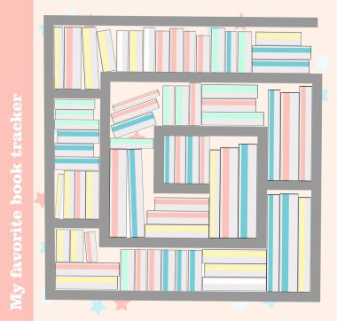 İzleyici okunuyor. Edebiyat ve kütüphane. Kitaplı raflar. HABIT İz sürücüsü. vektör illüstrasyonu