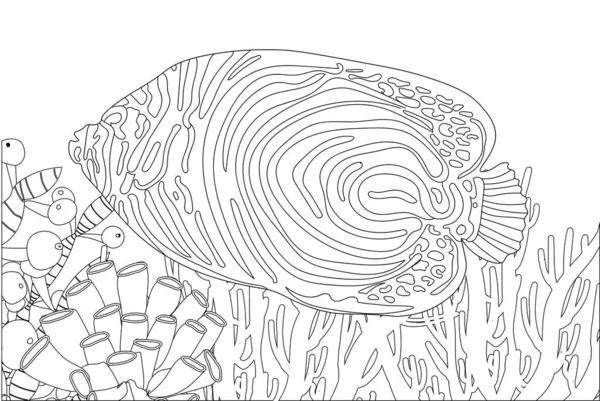 Цветовая Страница Рыба Морская Жизнь Подводный Мир Векторная Иллюстрация — стоковый вектор
