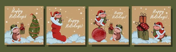 クリスマスカードのセットだ 雄牛2021年クラフト紙の年 幸せな休日 — ストックベクタ