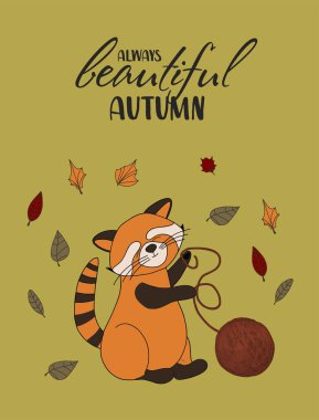 Kırmızı panda, düşen yapraklar, sıcak yiyecekler, fındık, mantar ve balkabağı. Sonbahar mevsimi elementlerinin albüm koleksiyonu. Hasat için parlak bir set. Sonbahar kartpostalı.