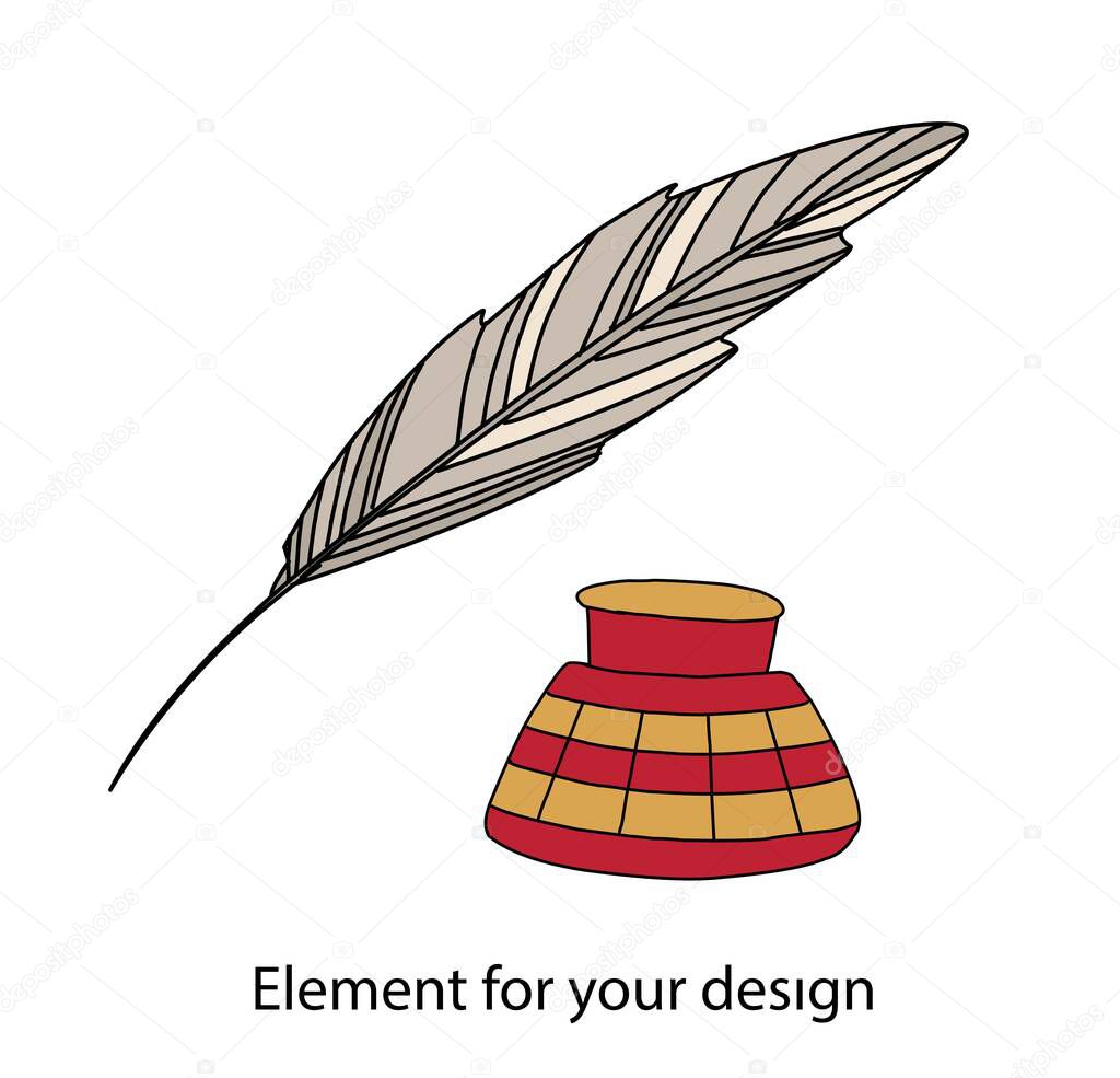 Feather and ink. A jar of ink. Write. Writing tools. Vector illustration.