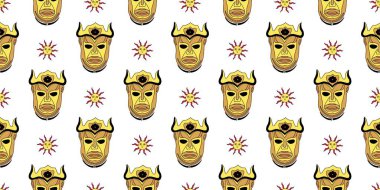 Fantezi kusursuz desen. Harpy maskesi. Boynuzlu altın maske. Vektör illüstrasyonu.