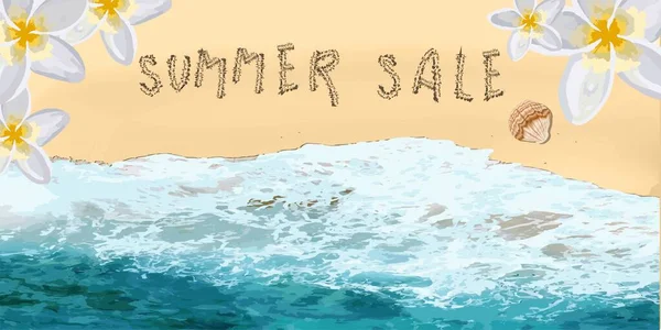 Hello summer. Realistic ocean waves and beach. Horizontal banner for advertising and summer discounts.
