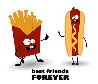 Sıcak yumurta ve patates kızartması. Sonsuza dek arkadaşız. Fast food karakterleri. Fast Food Günü. Sokak yemeği.