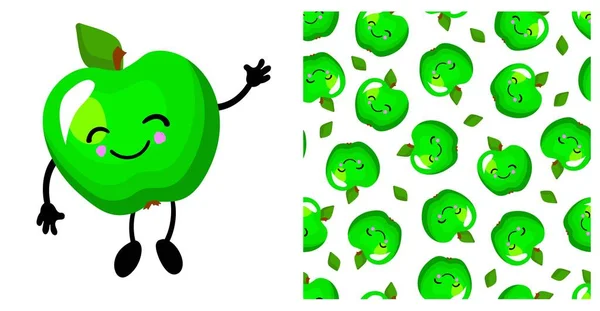 绿色苹果的性格 可爱有趣的苹果 水果无缝图案 明亮的色彩 — 图库照片