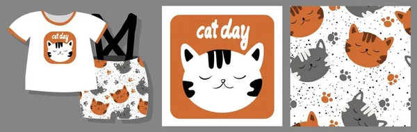 지문이지 고양이와의 귀여운 티셔츠 디자인 Illustration Ready Design Kit — 스톡 사진
