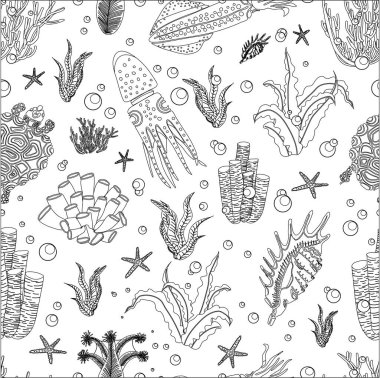 Renkli desen. Mürekkep balığı, ahtapot. Yetişkinler ve çocuklar için stres önleyici boyama kitabı. Deniz hayatı. Okyanus hayvanları. Kusursuz siyah-beyaz desen.