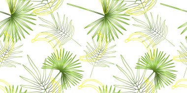 Egzotik bitkilerin yaz baskısı. Tropik palmiye yaprakları. Geometrik Desenli Kusursuz Çiçeksiz Çiçeksiz Beyaz Arka plan Doğa Duvar Kağıdı Moda Kalıbı. Kumaş ve tekstil tasarımı. yatak çarşafları.