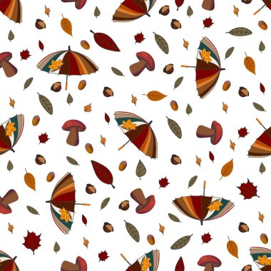 Vektör sonbahar deseni. Şemsiye ve düşen yapraklar. Sonbahar yaprakları. Tekstil ve giysi için çocuk baskısı. Ürün tasarımı.