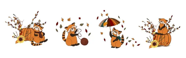 Conjunto Vectorial Iconos Otoñales Composición Otoño Pegatinas Lindo Panda Rojo — Archivo Imágenes Vectoriales