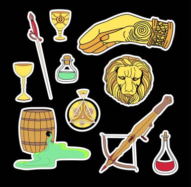 Sihirli çıkartmalar. Vahşi ateş, yaylı tüfek, eski parşömen. Altın bir aslanın kafası ve sağ elin işareti. Büyük ev sembolleri koleksiyonu