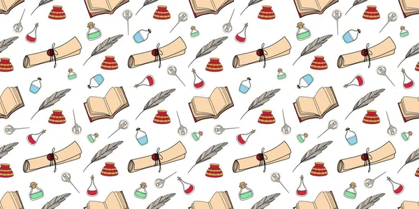 Parşömen, papirüs, tüy ve mürekkep. Eski parşömen kalıpları. Araştırma ve bilimsel aktivite konsepti. vektör illüstrasyonu.