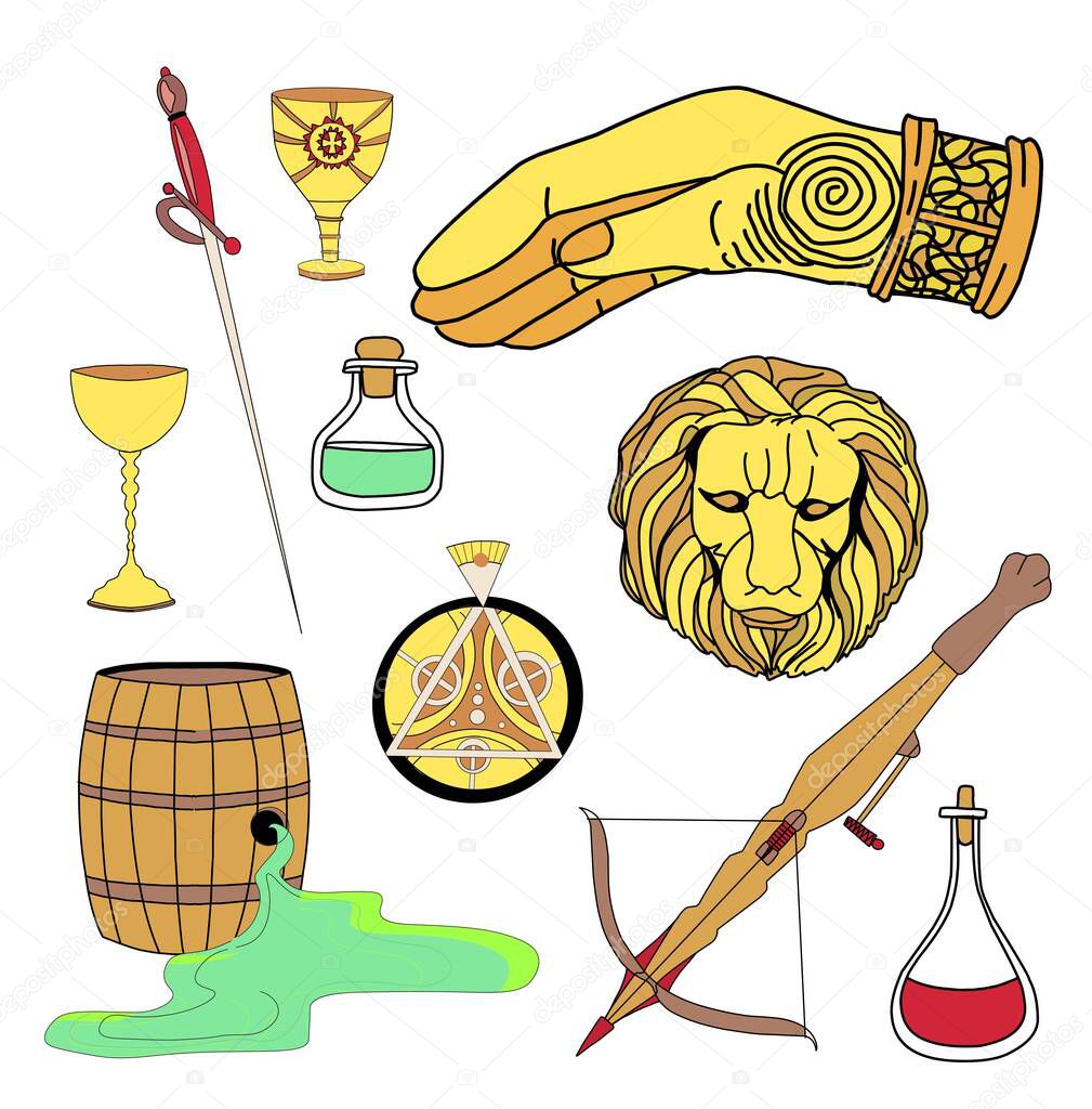 Magic stickers. Wild fire, crossbow, old scroll. The head of a golden lion and the sign of the right hand. Great house symbols collection